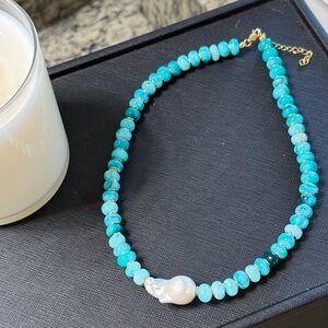 Aqua Beaded Necklace with Pearl Charm